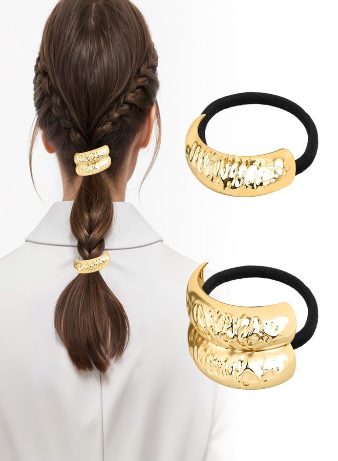 JIRIS 2PCS Metal Hair Tie For Women,Gold Cuffs,Metal Geometric Gold Hair Ties, Hair Accessories Stretchy and Non-Damage Ponytail Holders,Ponytail Cuff Hair Bands For Hair Styling(SET7) - Image 1